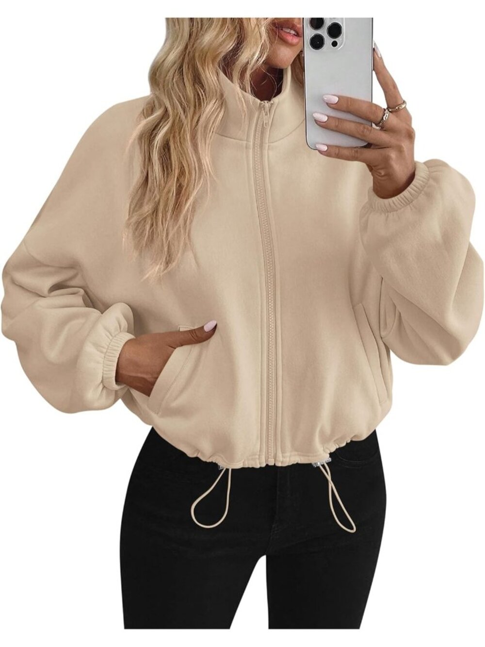 Women's Khaki Long Sleeve Mock Neck ZIP Up Cropped Jacket Fleece Sweatshirt